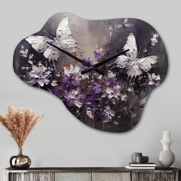 Purple And White Butterfly Wings And Flowers - Asymmetric Metal Wall Clock